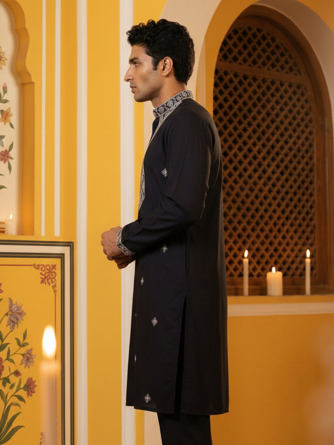 Embroidered Silk Blend Straight Kurta ( 65KO 5462Black S ) [FF] [B-6]