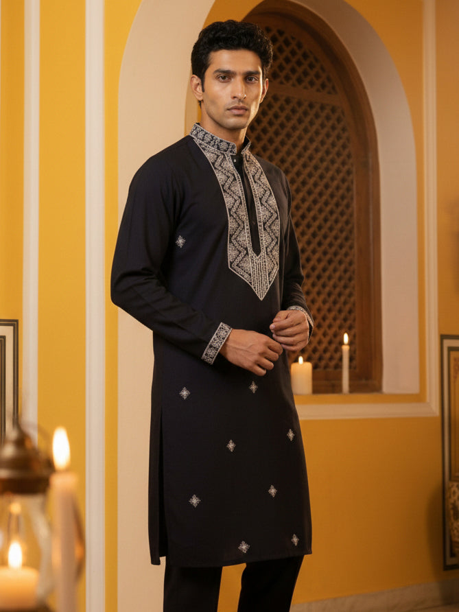 Embroidered Silk Blend Straight Kurta ( 65KO 5462Black S ) [FF] [B-6]
