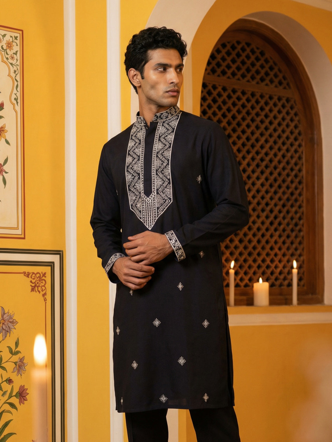 Embroidered Silk Blend Straight Kurta ( 65KO 5462Black S ) [FF] [B-6]