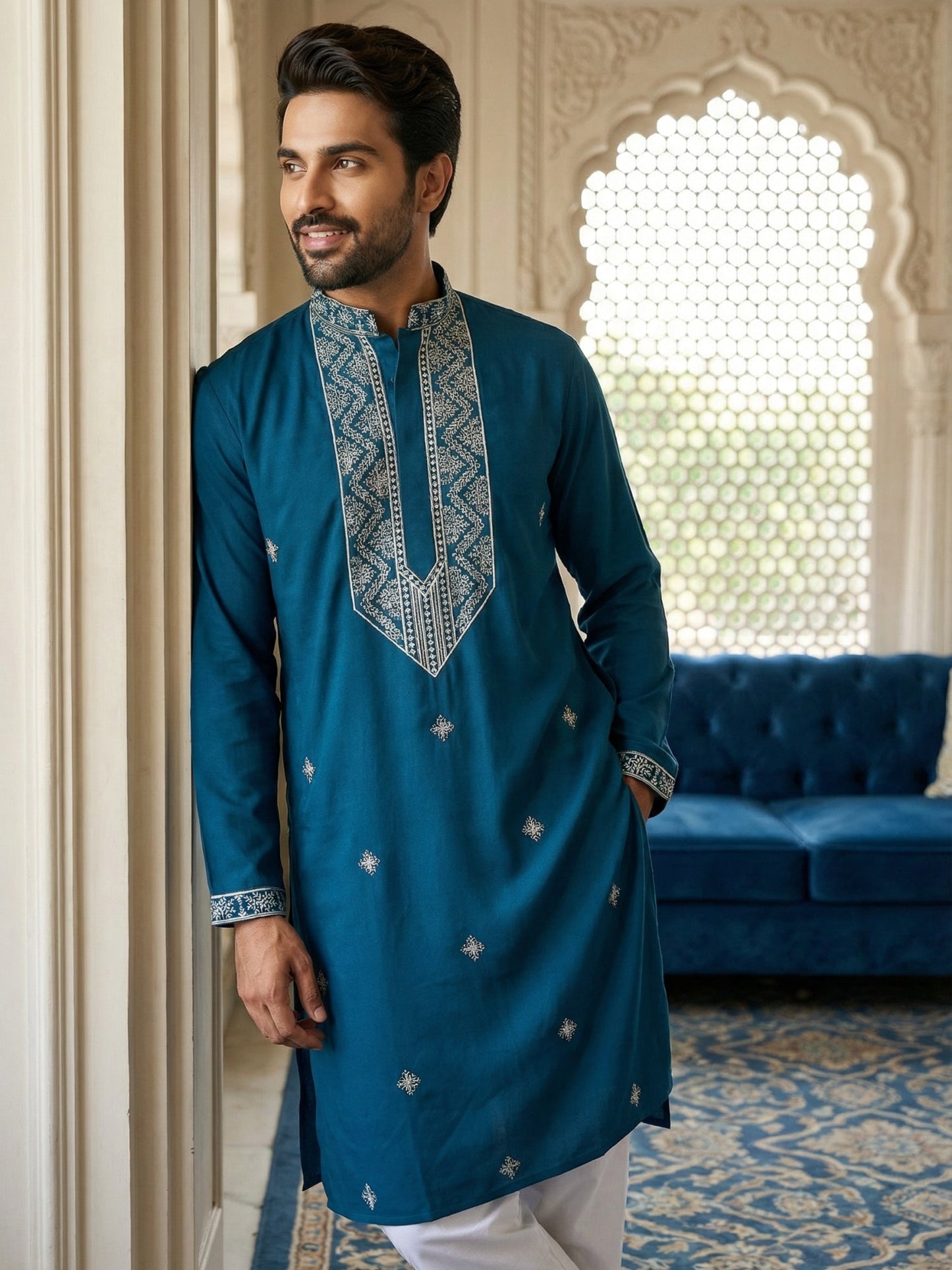 Embroidered Silk Blend Straight Kurta ( 65KO 5462Peacock S ) [FF] [B-6]