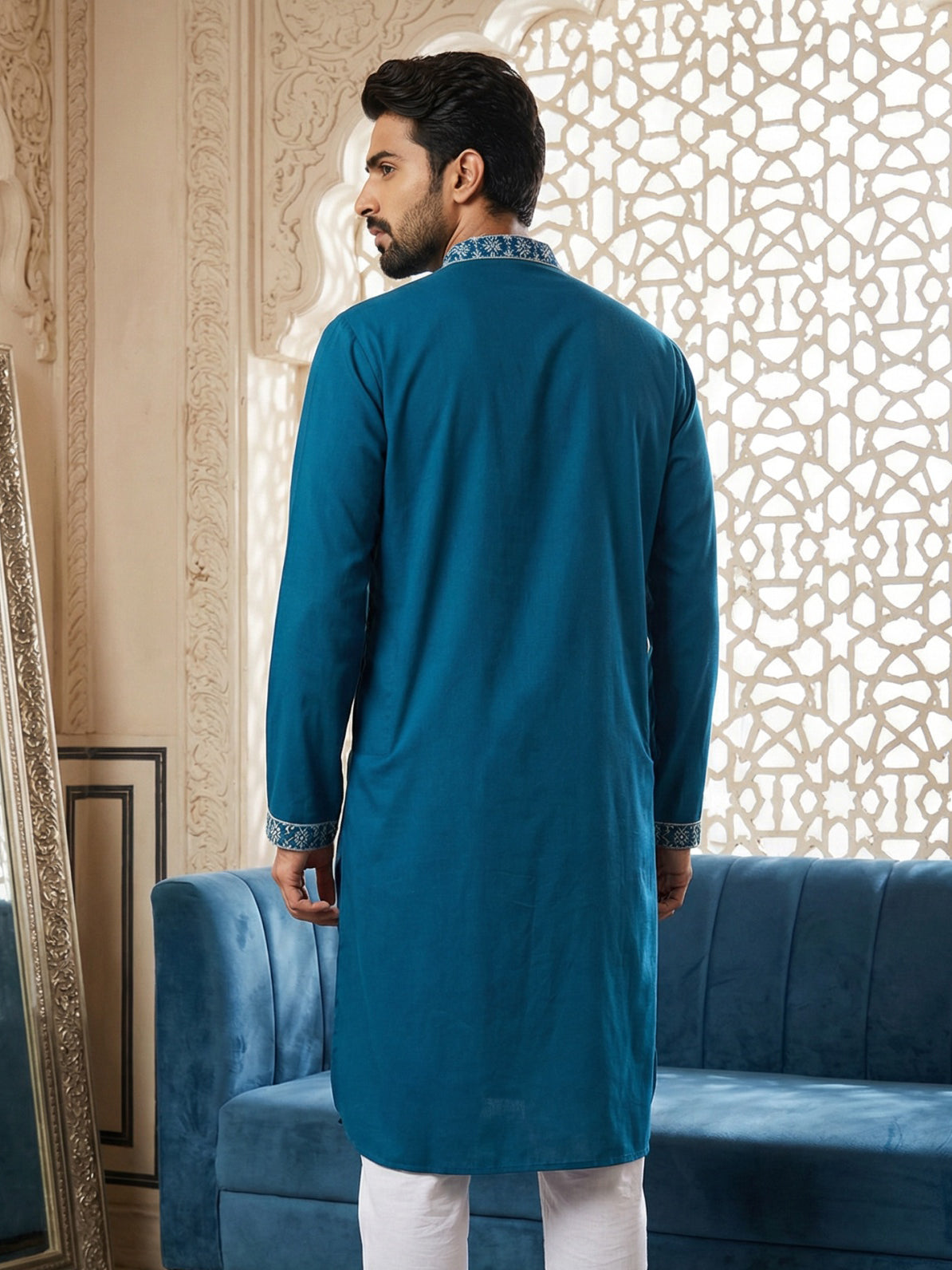Embroidered Silk Blend Straight Kurta ( 65KO 5462Peacock S ) [FF] [B-6]