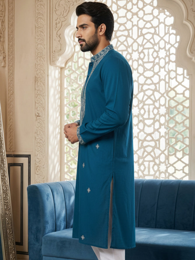 Embroidered Silk Blend Straight Kurta ( 65KO 5462Peacock S ) [FF] [B-6]