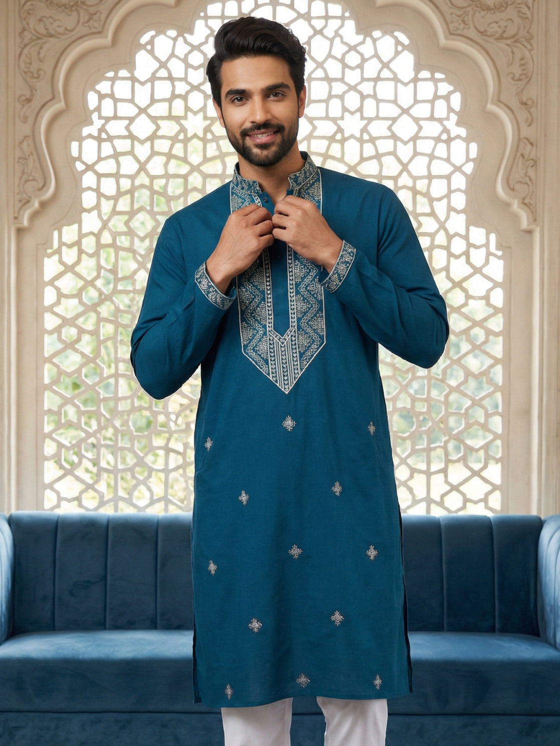 Embroidered Silk Blend Straight Kurta ( 65KO 5462Peacock S ) [FF] [B-6]