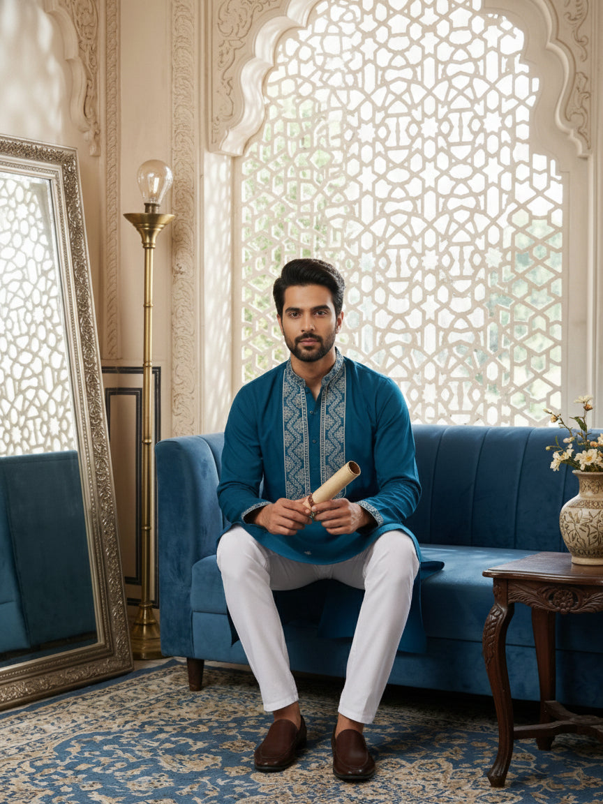 Embroidered Silk Blend Straight Kurta ( 65KO 5462Peacock S ) [FF] [B-6]