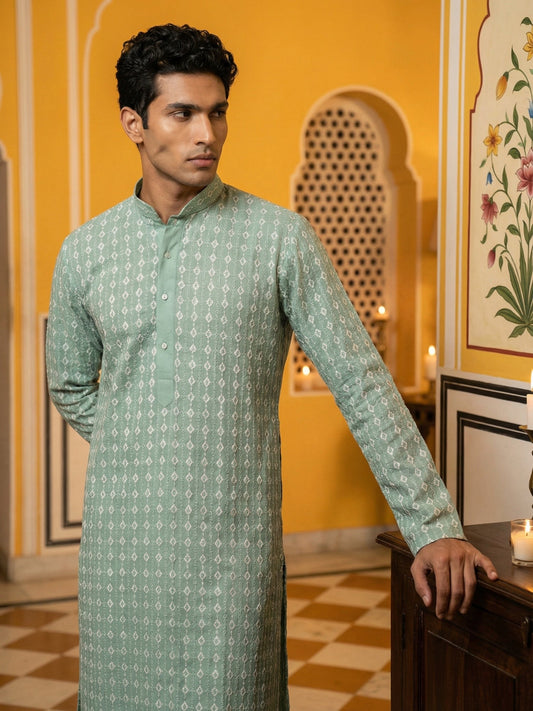 Embroidered Cotton Blend Kurta ( 65KO 5463Green S ) [FF] [H-10]