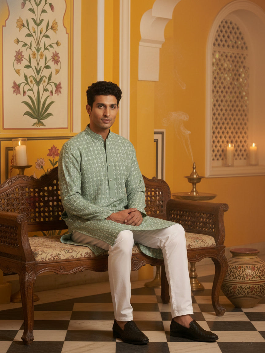 Embroidered Cotton Blend Kurta ( 65KO 5463Green S ) [FF] [H-10]