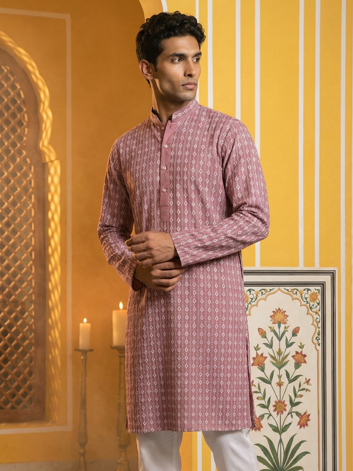 Embroidered Cotton Blend Kurta ( 65KO 5463Pink S ) [FF] [H-10]