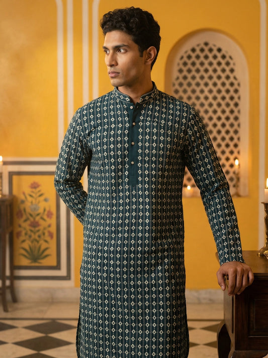 Embroidered Cotton Blend Kurta ( 65KO 5463Sea-Green S ) [FF] [H-10]
