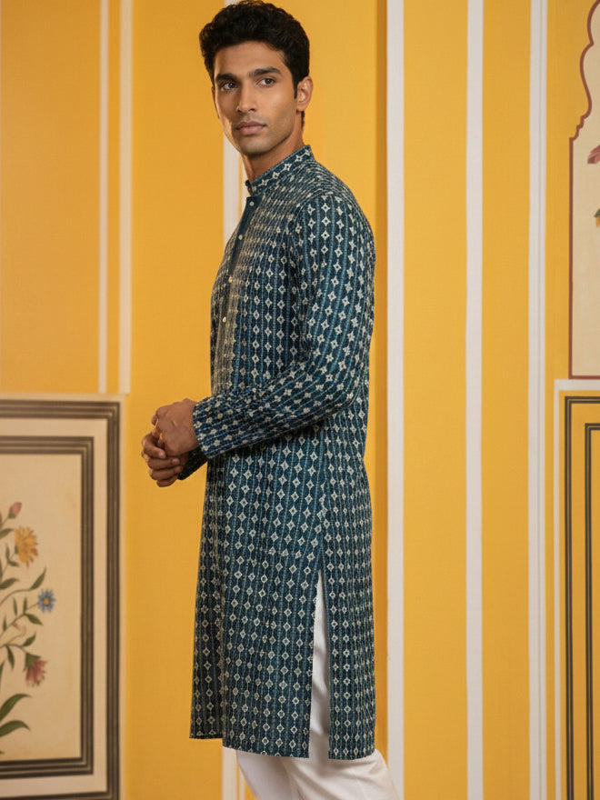 Embroidered Cotton Blend Kurta ( 65KO 5463Sea-Green S ) [FF] [H-10]