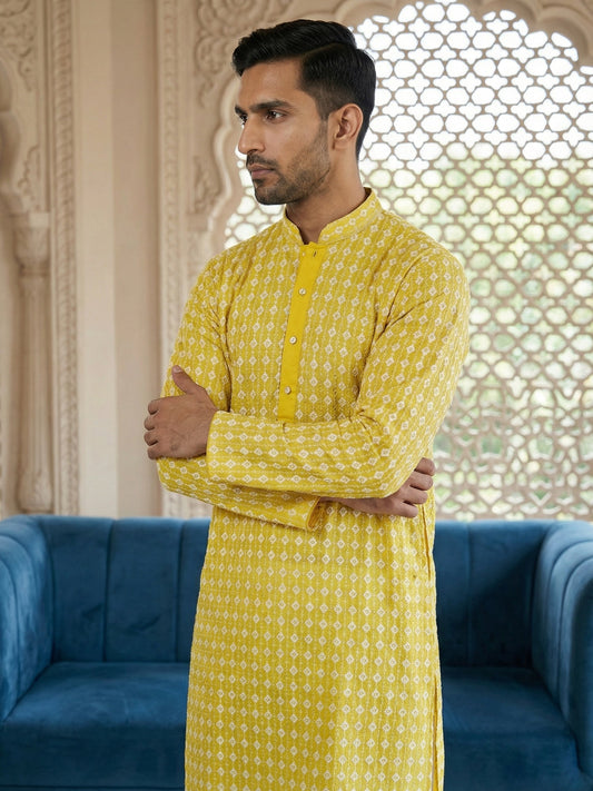 Embroidered Cotton Blend Kurta ( 65KO 5463Yellow S ) [FF] [H-10]