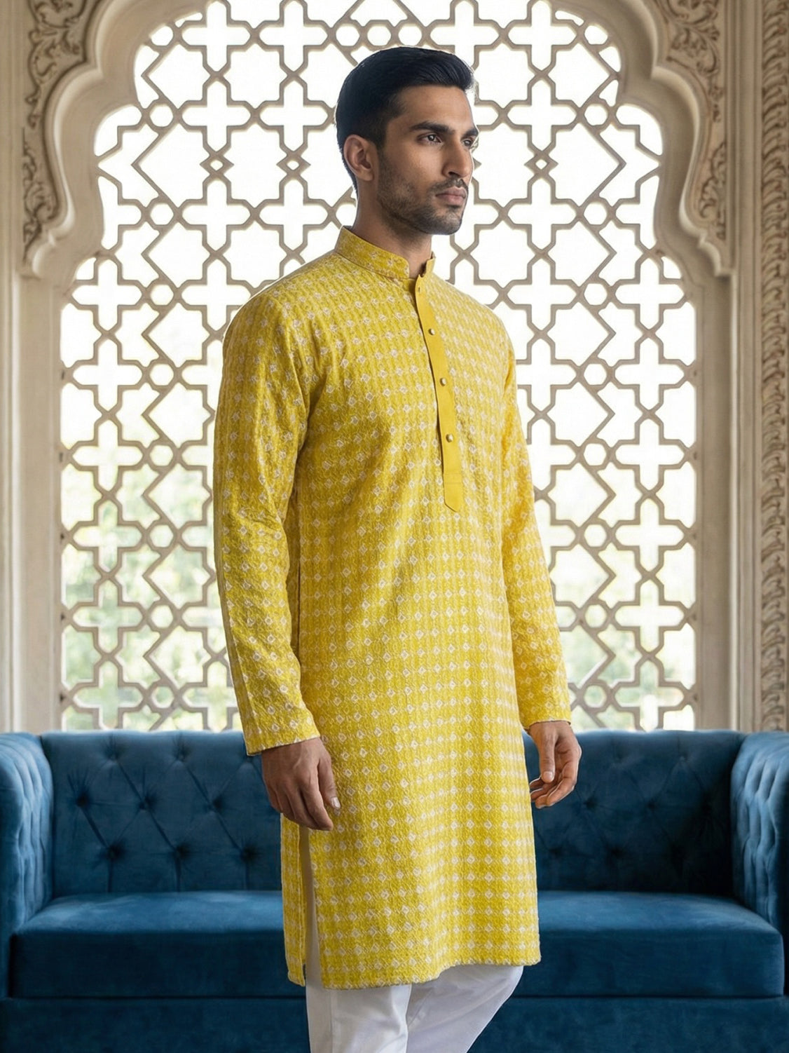 Embroidered Cotton Blend Kurta ( 65KO 5463Yellow S ) [FF] [H-10]