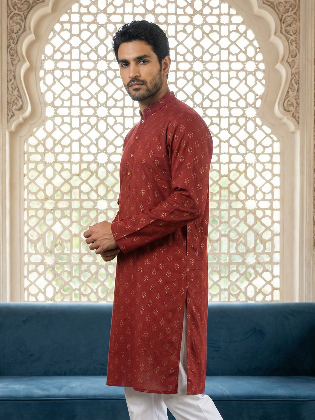 Classic Cotton Blend Foil Print Kurta ( 65KO 5464Maroon ) [FF] [A-1-4]