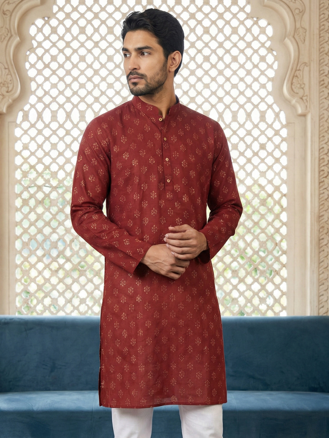 Classic Cotton Blend Foil Print Kurta ( 65KO 5464Maroon ) [FF] [A-1-4]