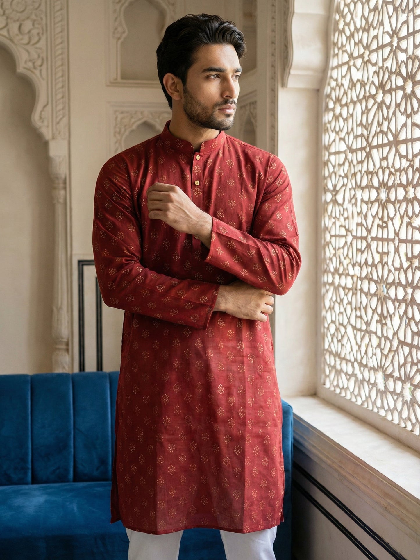 Classic Cotton Blend Foil Print Kurta ( 65KO 5464Maroon ) [FF] [A-1-4]