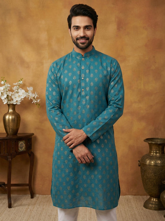 Classic Cotton Blend Foil Print Kurta ( 65KO 5464Peacock S ) [FF] [A-1-4]