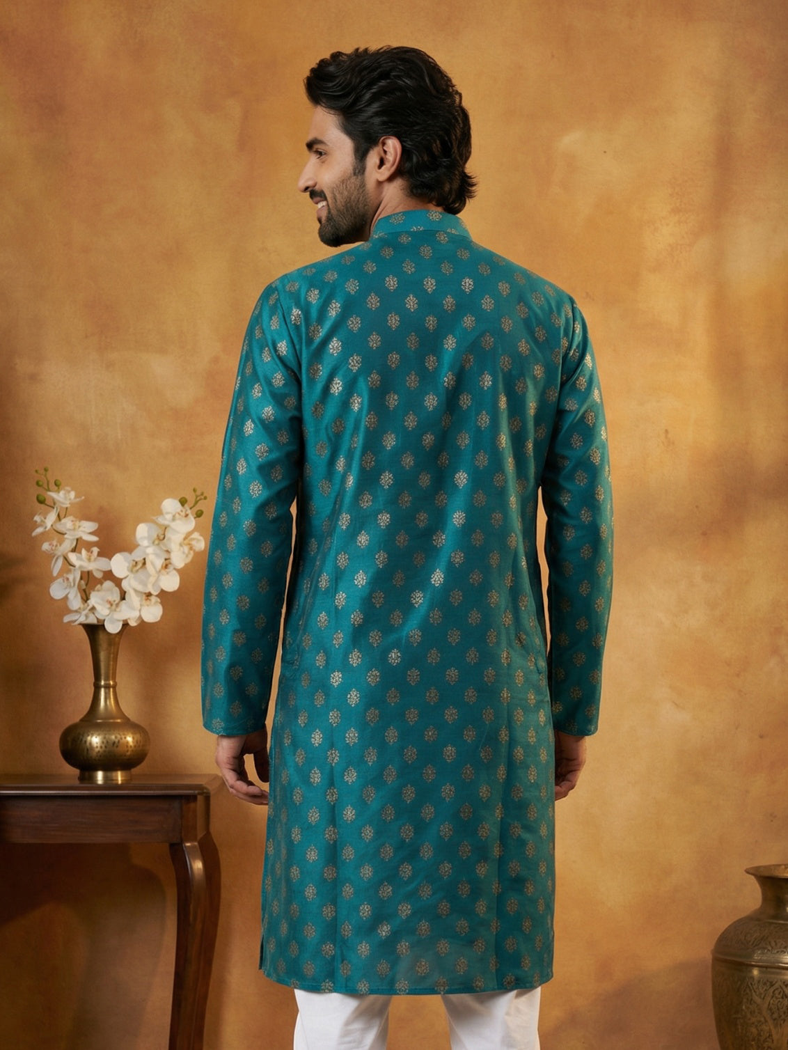 Classic Cotton Blend Foil Print Kurta ( 65KO 5464Peacock S ) [FF] [A-1-4]