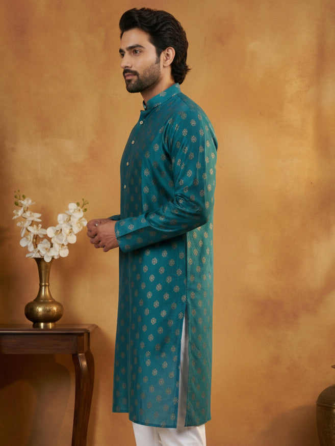 Classic Cotton Blend Foil Print Kurta ( 65KO 5464Peacock S ) [FF] [A-1-4]