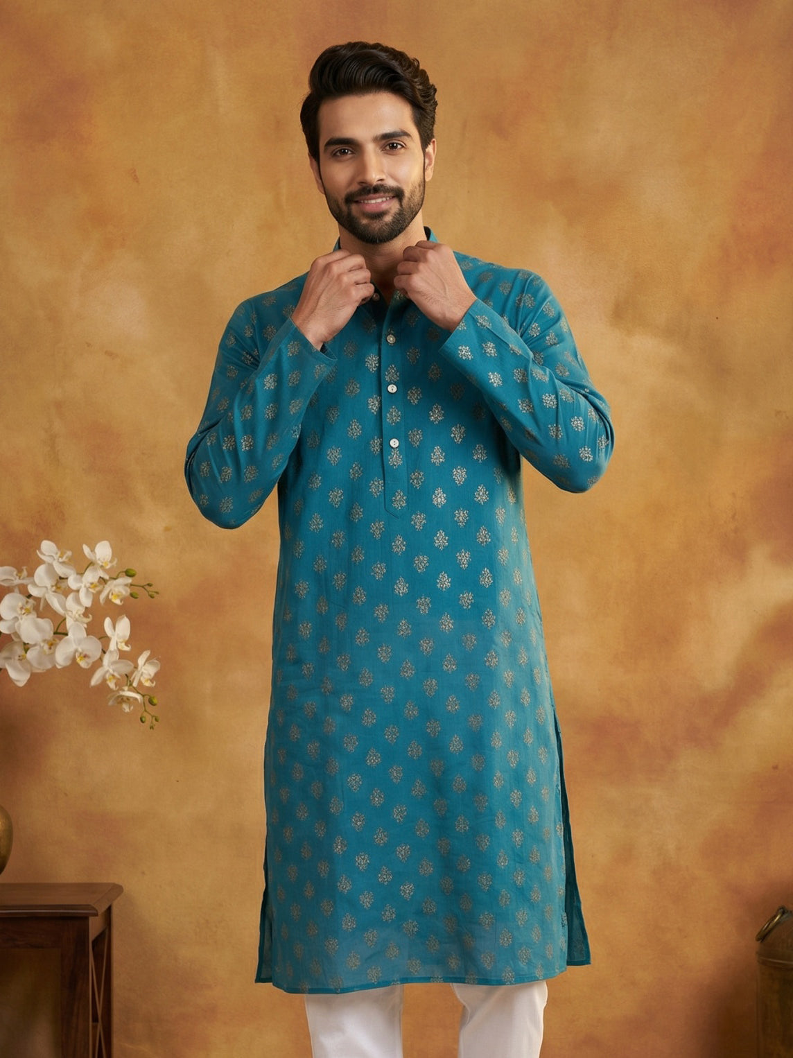 Classic Cotton Blend Foil Print Kurta ( 65KO 5464Peacock S ) [FF] [A-1-4]