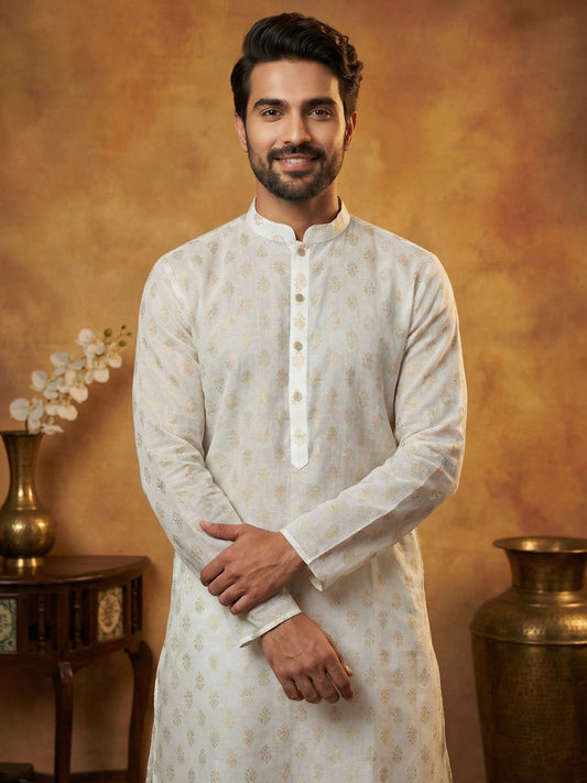 Classic Cotton Blend Foil Print Kurta ( 65KO 5464White S ) [FF] [A-1-4]