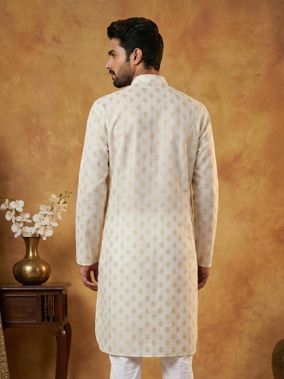 Classic Cotton Blend Foil Print Kurta ( 65KO 5464White S ) [FF] [A-1-4]