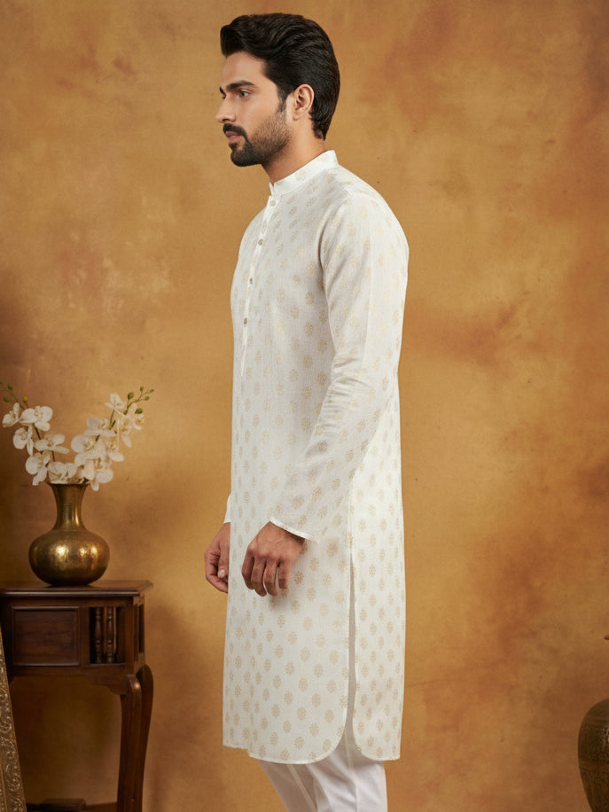 Classic Cotton Blend Foil Print Kurta ( 65KO 5464White S ) [FF] [A-1-4]