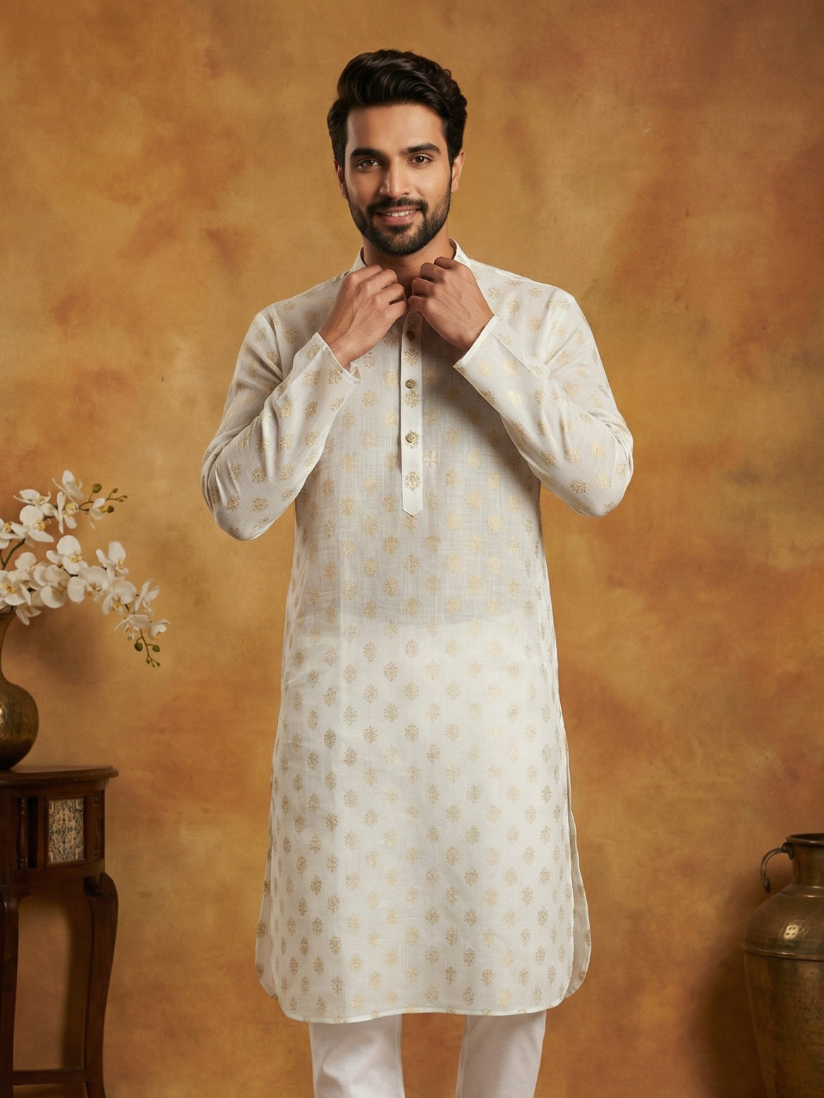 Classic Cotton Blend Foil Print Kurta ( 65KO 5464White S ) [FF] [A-1-4]