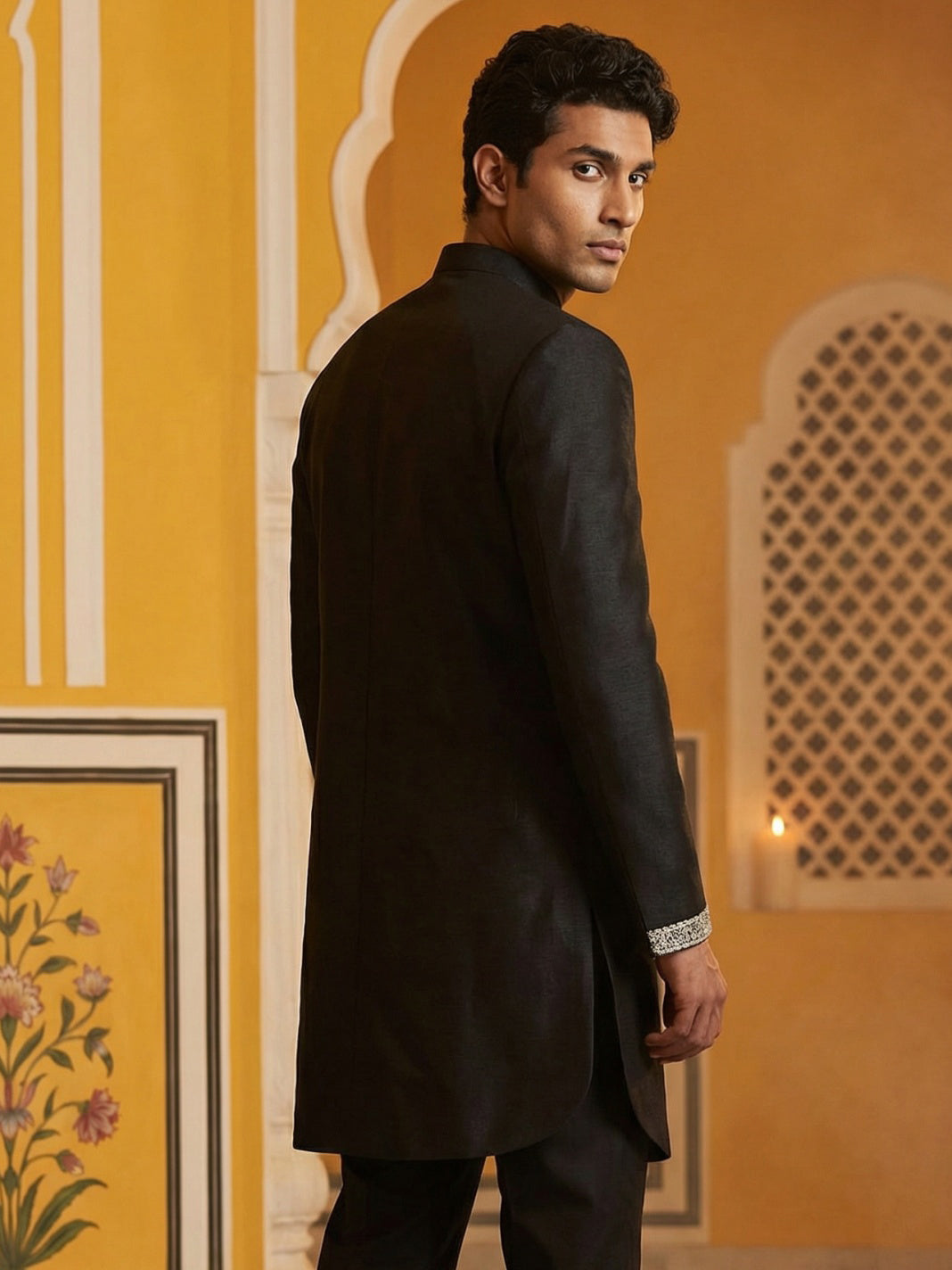 Silk Blend Embroidered Kurta ( 65KO 5465Black S ) [FF] [A-1-4]
