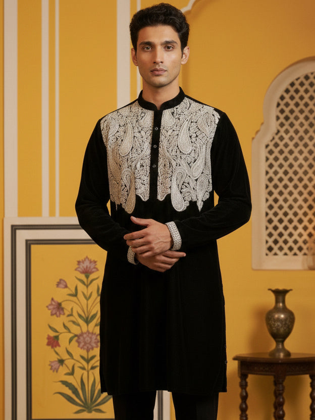 Silk Blend Embroidered Kurta ( 65KO 5465Black S ) [FF] [A-1-4]