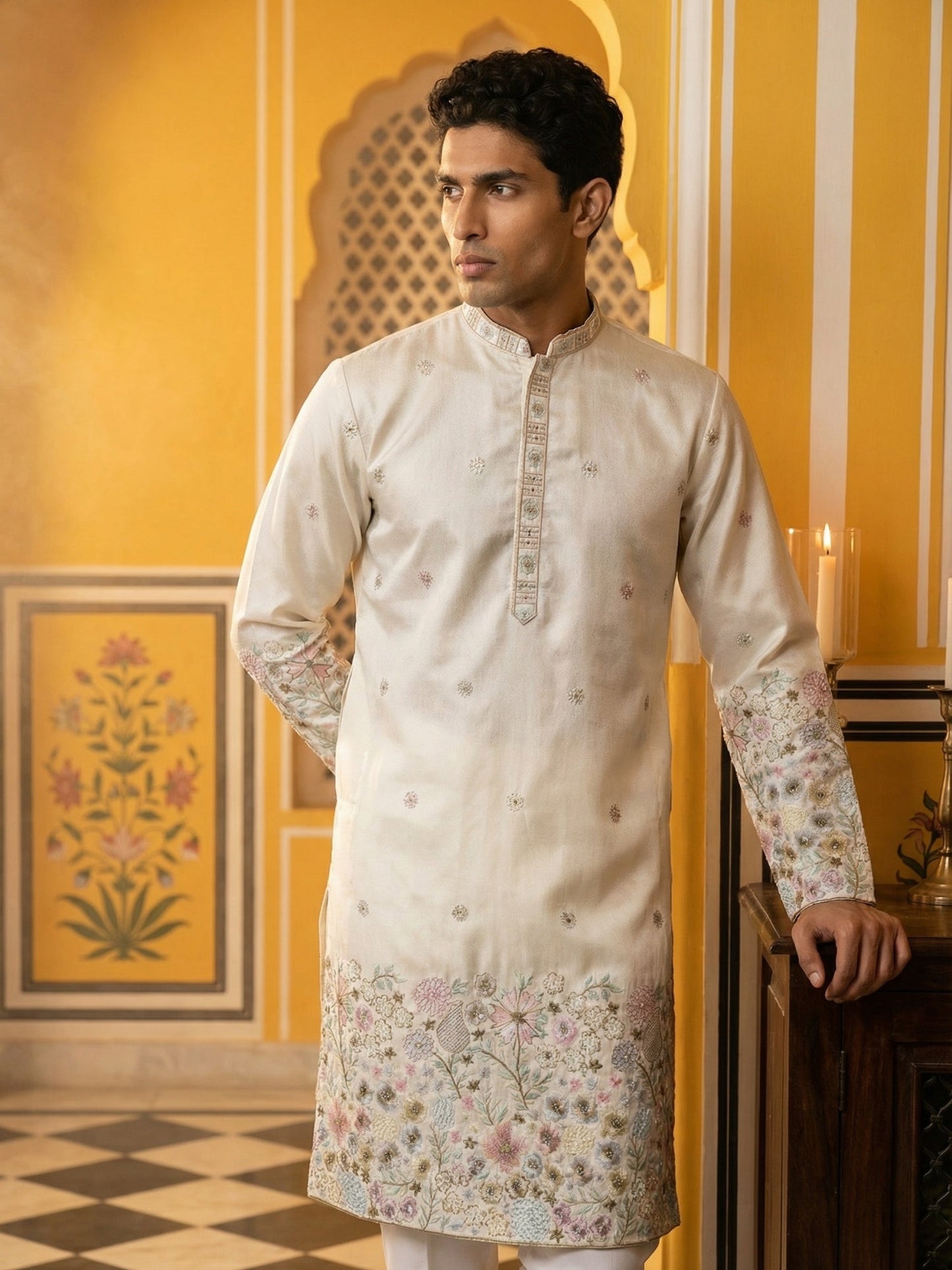 Men Silk Blend Embroidered Kurta ( 65KO 5466White S ) [FF] [Q-11-14]