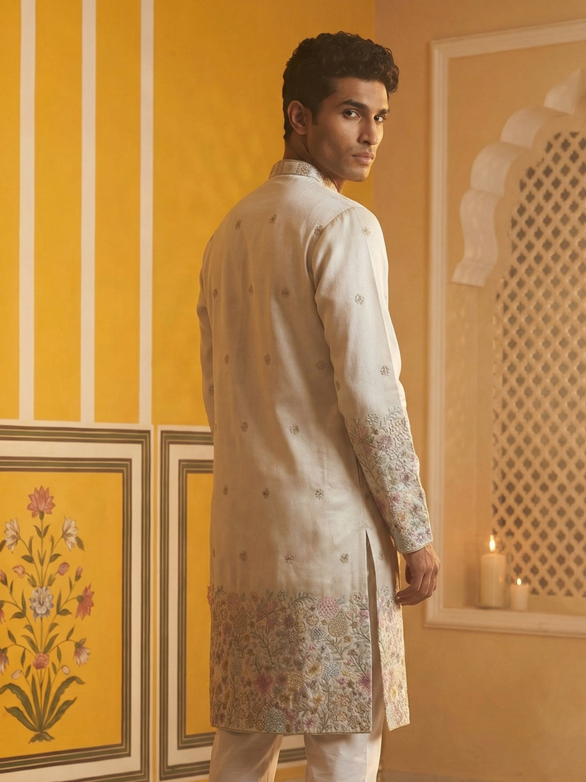 Men Silk Blend Embroidered Kurta ( 65KO 5466White S ) [FF] [Q-11-14]