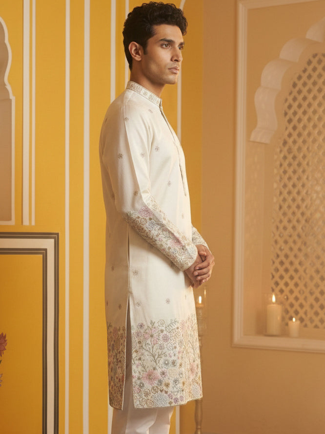 Men Silk Blend Embroidered Kurta ( 65KO 5466White S ) [FF] [Q-11-14]