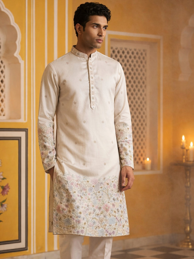 Men Silk Blend Embroidered Kurta ( 65KO 5466White S ) [FF] [Q-11-14]