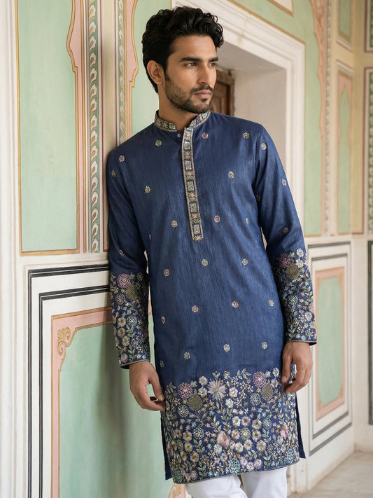 Men Silk Blend Embroidered Kurta ( 65KO 5466Navy ) [FF] [Q-11-14]