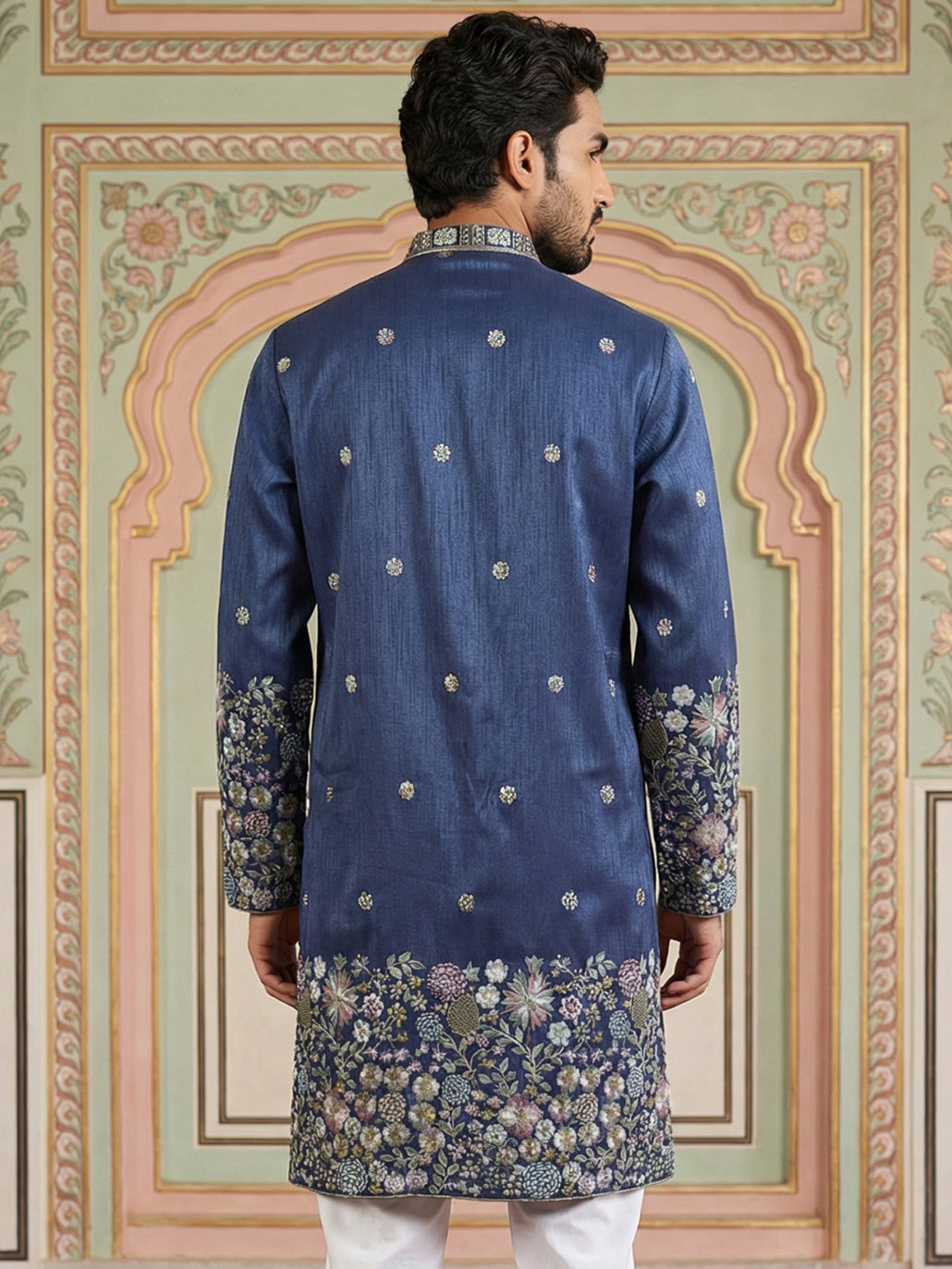 Men Silk Blend Embroidered Kurta ( 65KO 5466Navy ) [FF] [Q-11-14]