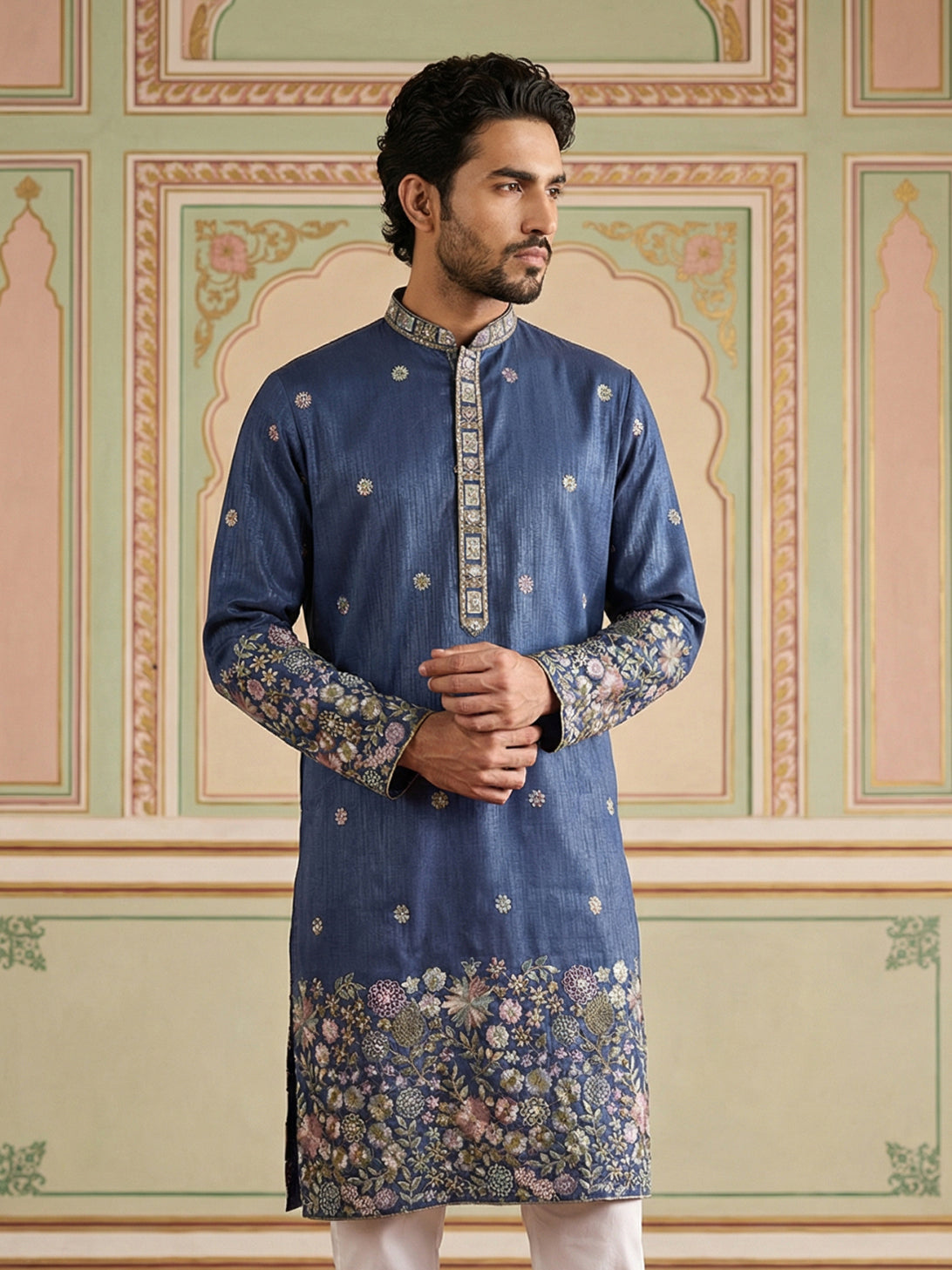 Men Silk Blend Embroidered Kurta ( 65KO 5466Navy ) [FF] [Q-11-14]