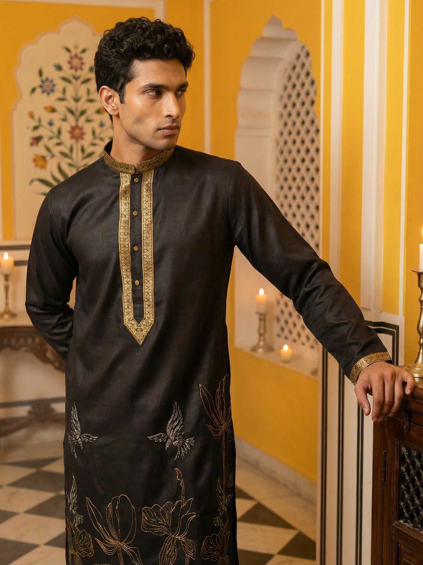 Men Embroidered Silk Blend Kurta ( 65KO 5467Black S )