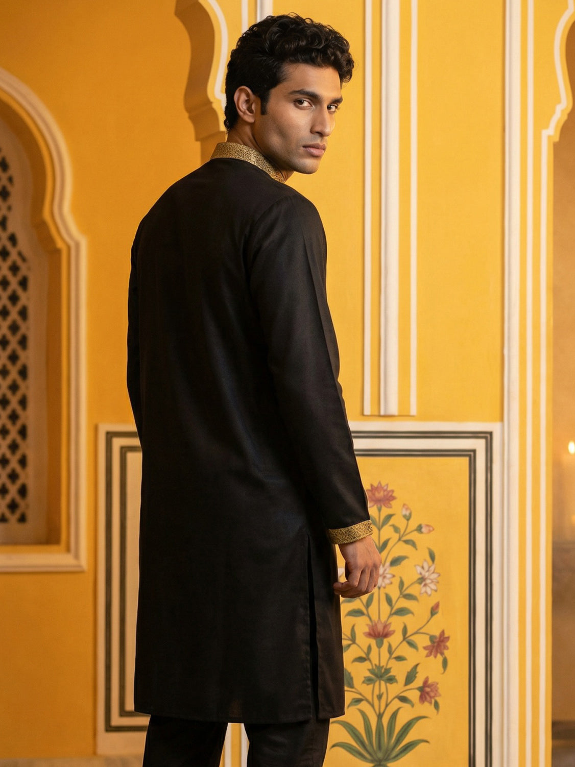 Men Embroidered Silk Blend Kurta ( 65KO 5467Black S )