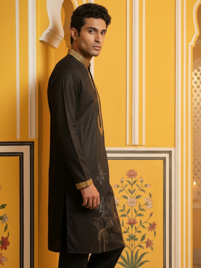 Men Embroidered Silk Blend Kurta ( 65KO 5467Black S )