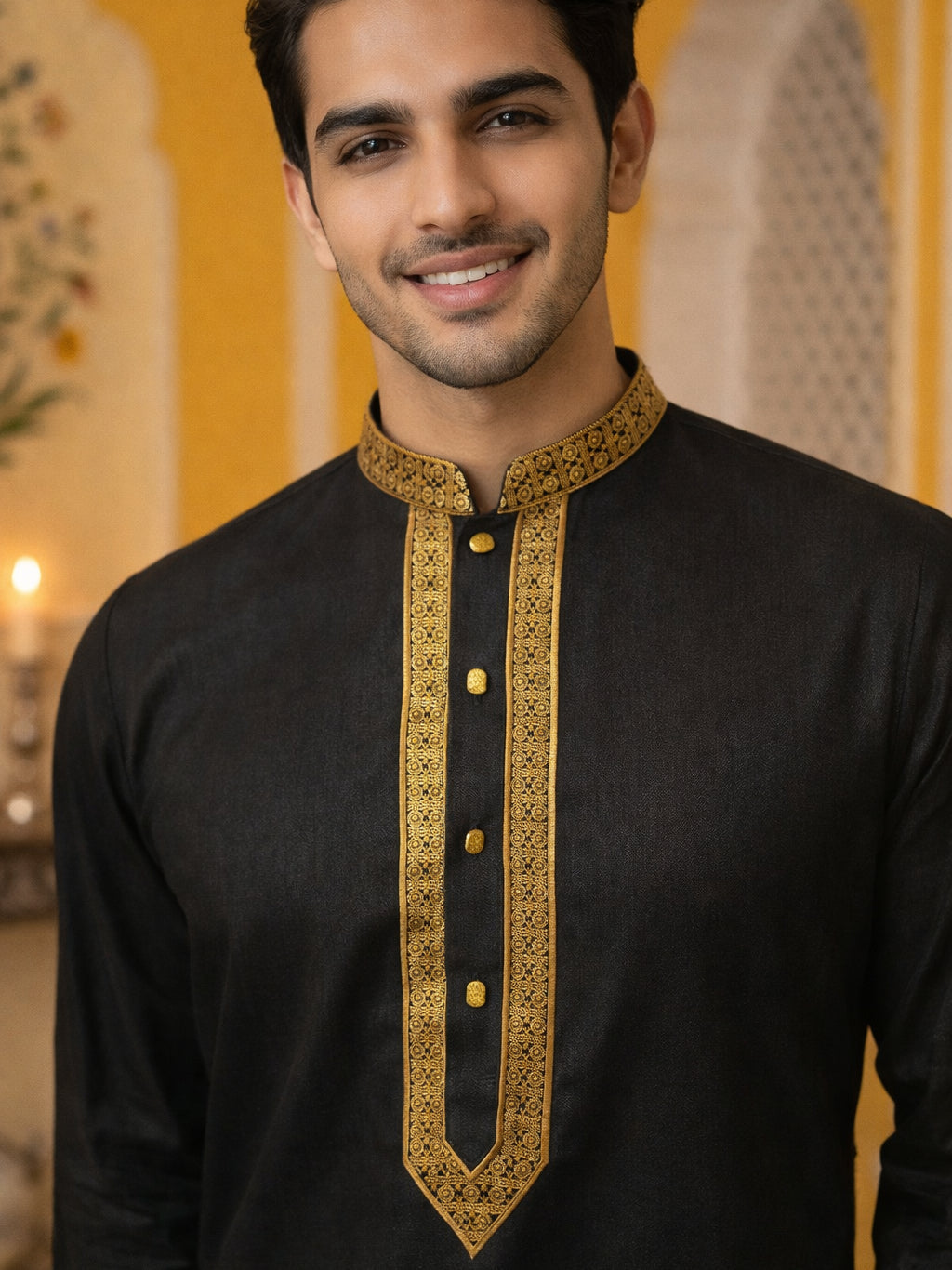 Men Embroidered Silk Blend Kurta ( 65KO 5467Black S )