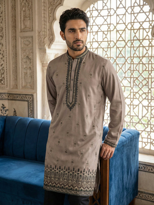 Men Embroidered Silk Blend Kurta ( 65KO 5468Brown ) [FF] [A-1-4]
