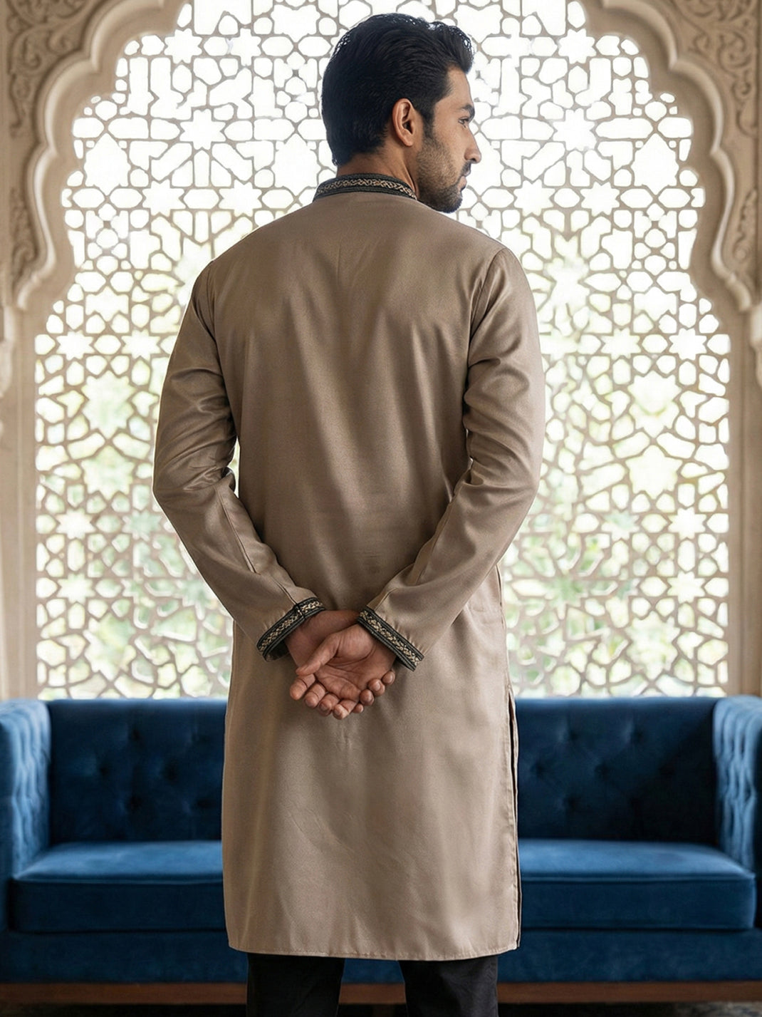 Men Embroidered Silk Blend Kurta ( 65KO 5468Brown ) [FF] [A-1-4]