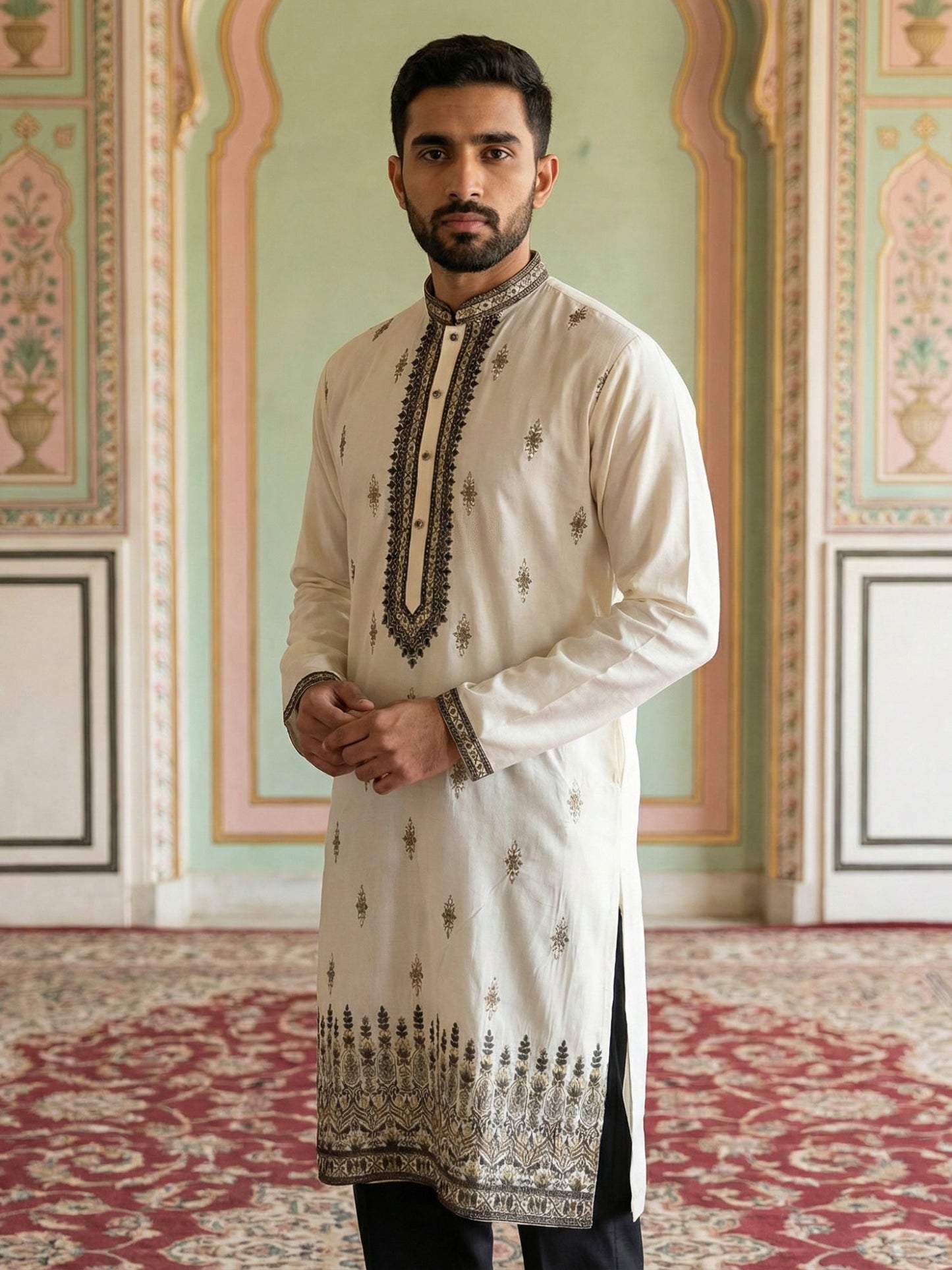 Men Embroidered Silk Blend Kurta ( 65KO 5468White S ) [FF] [A-1-4]