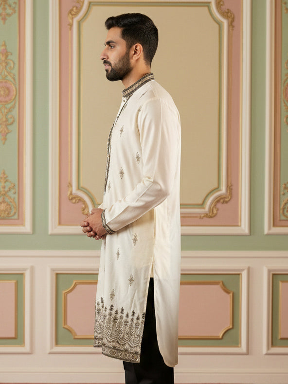 Men Embroidered Silk Blend Kurta ( 65KO 5468White S ) [FF] [A-1-4]