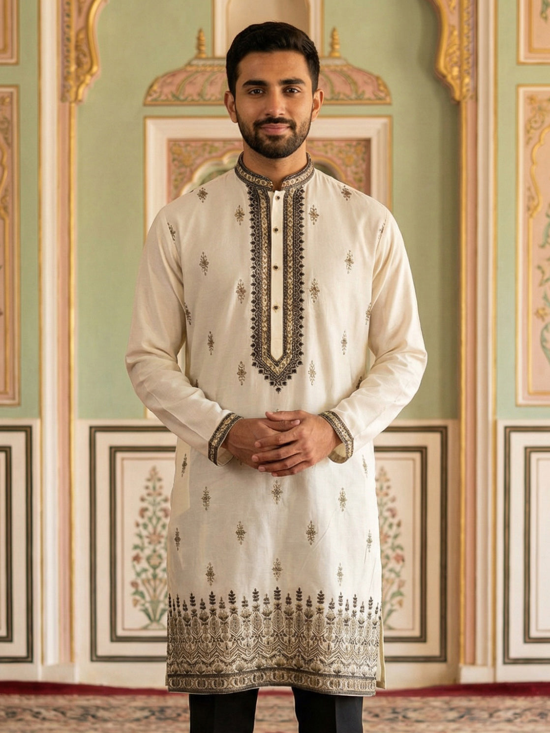 Men Embroidered Silk Blend Kurta ( 65KO 5468White S ) [FF] [A-1-4]