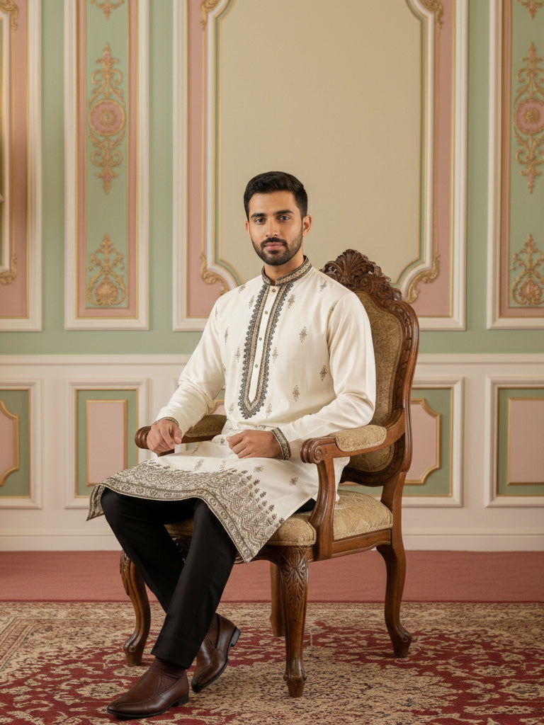 Men Embroidered Silk Blend Kurta ( 65KO 5468White S ) [FF] [A-1-4]