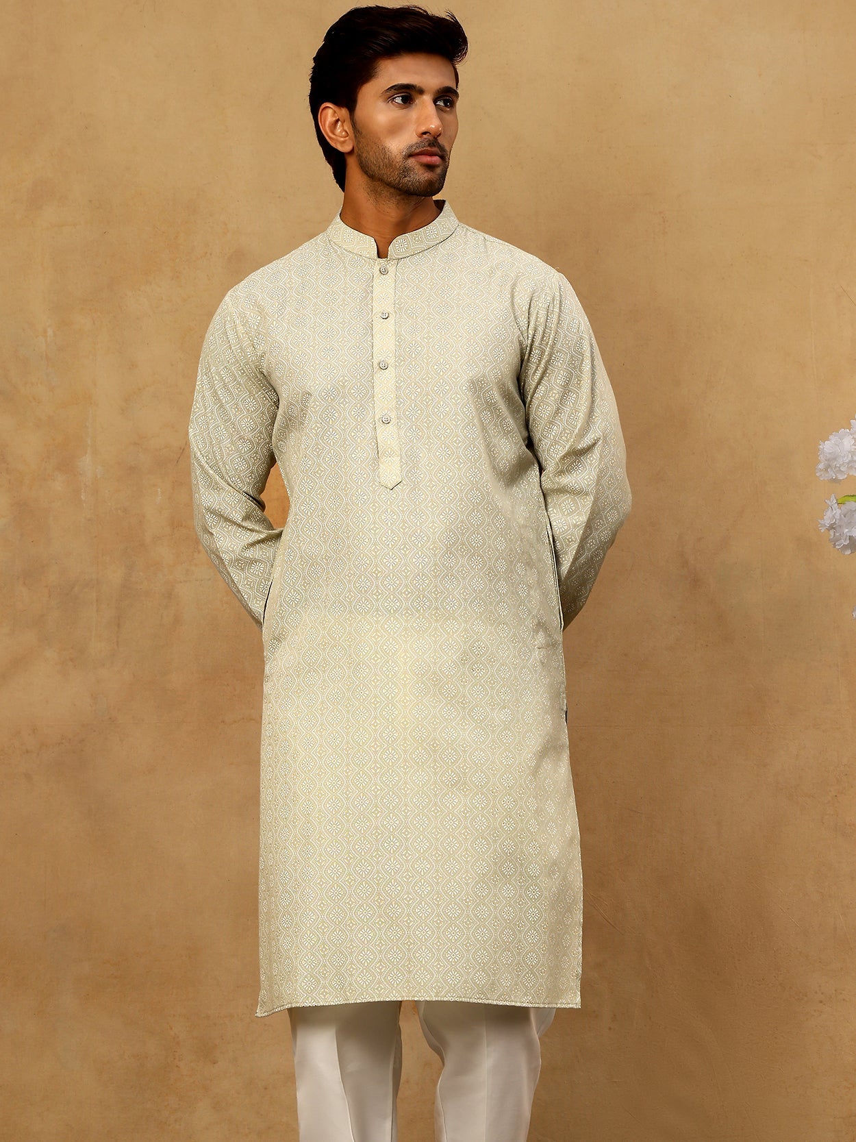 Traditional Printed Kurta for Men ( 65KO 5470Pista )