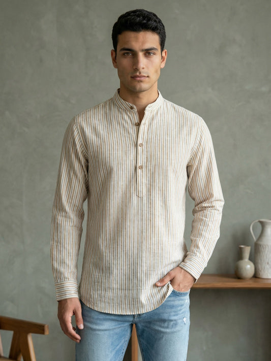 Men’s Beige Striped Short Kurta ( 65KO 5471Beige S ) [FF] [K-14]