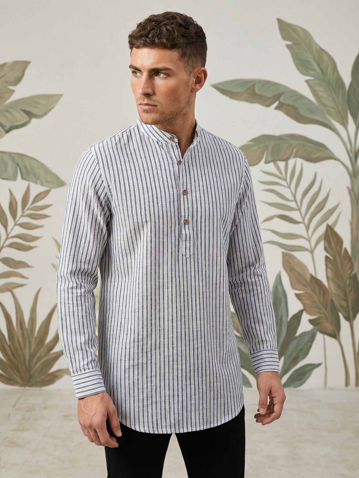 Men’s Charcoal Striped Short Kurta ( 65KO 5471Charcoal S ) [FF] [K-14]