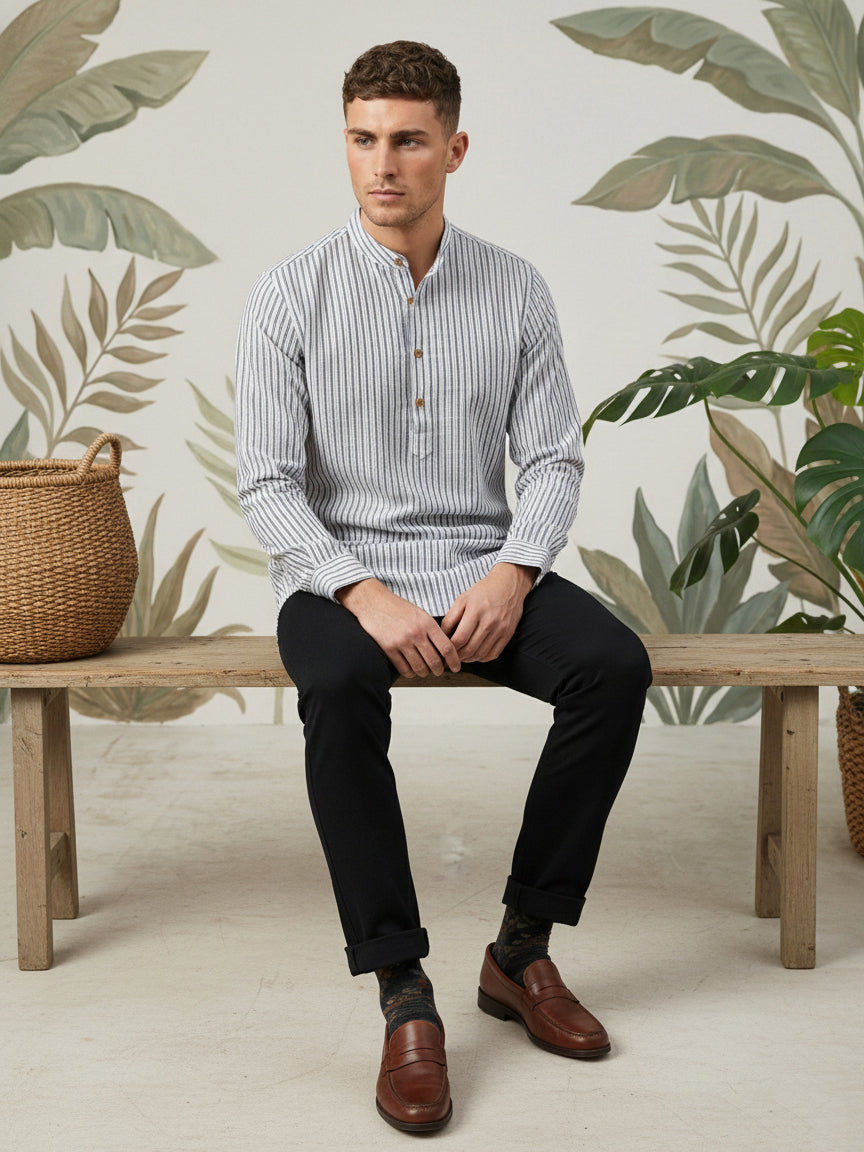Men’s Charcoal Striped Short Kurta ( 65KO 5471Charcoal S ) [FF] [K-14]
