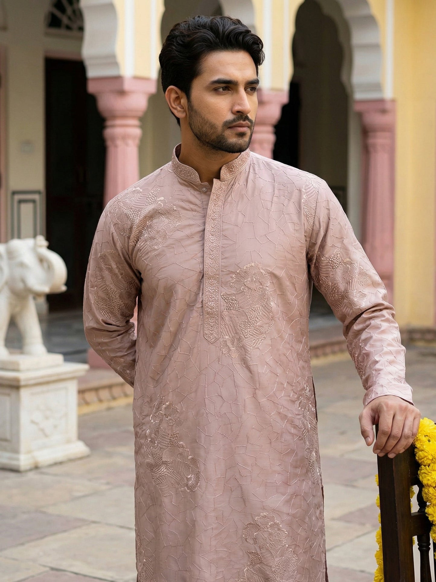 Men Peach Embroidered Festive Kurta ( 65KO 5472Peach S ) [FF] [Q-11-14]